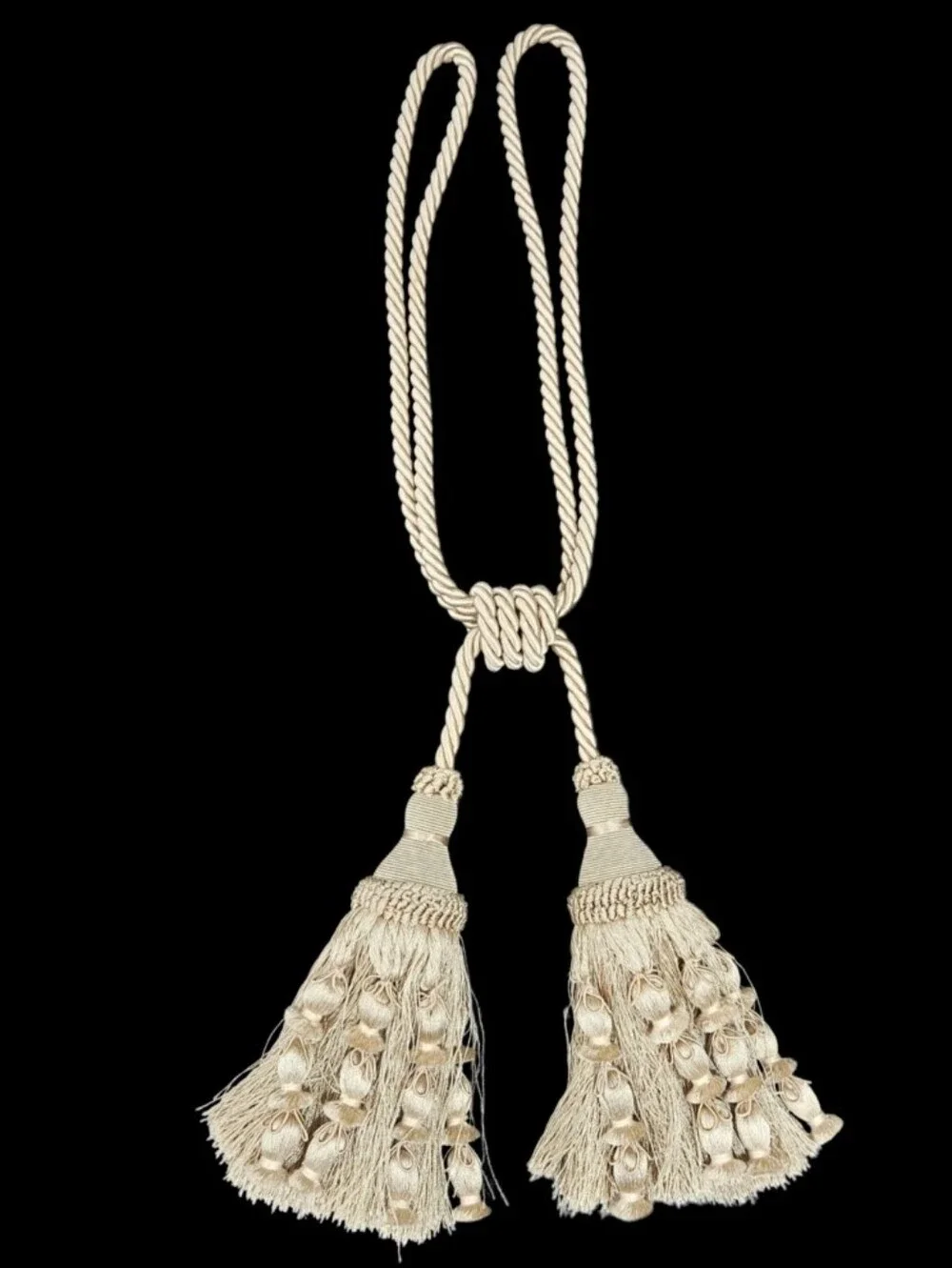French Tassel Tiebacks PASSEMENTERIE Drape Curtain Braided Rope Tan Satin Sheen4